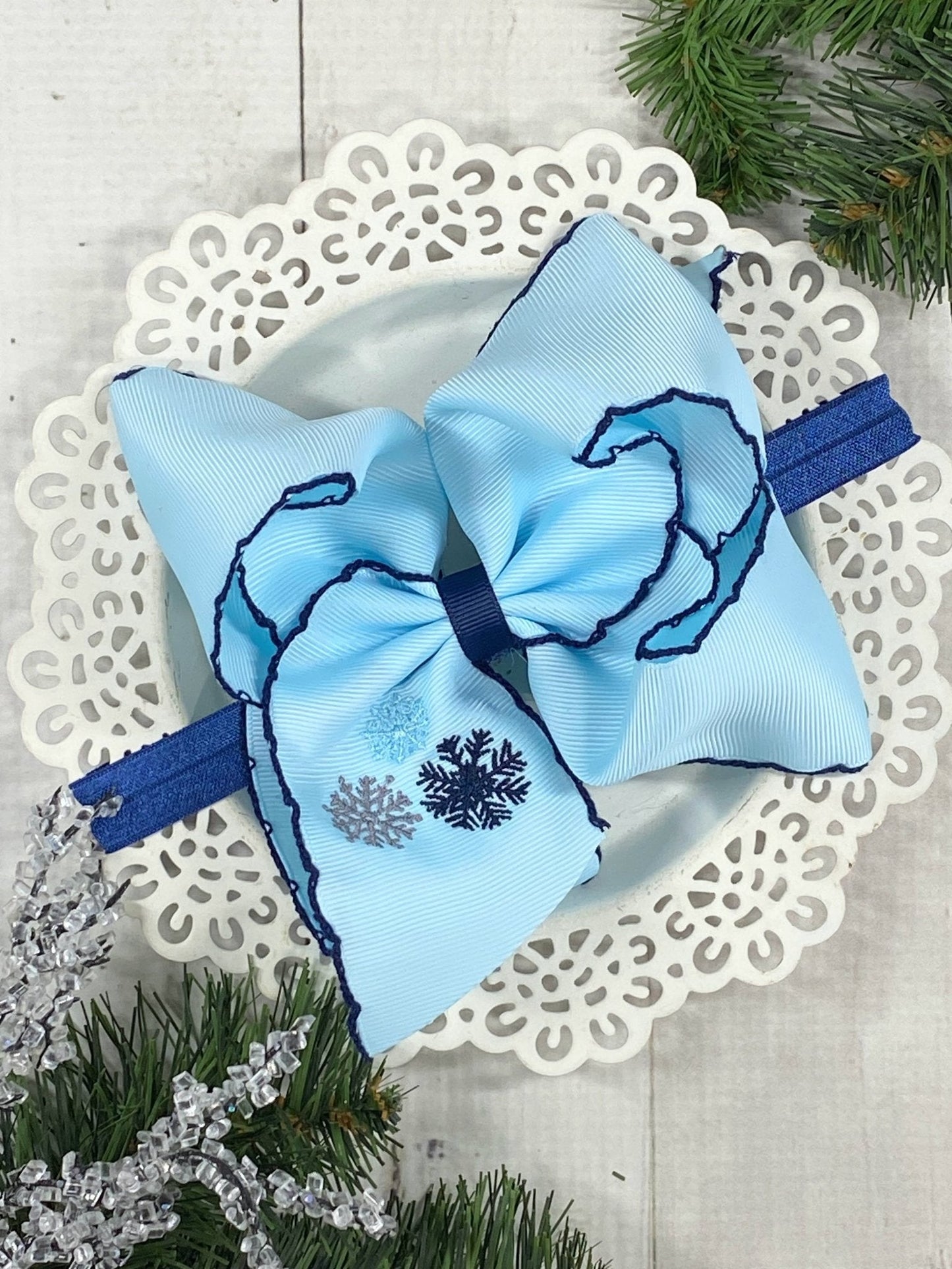 Snowflake Embroidered Moonstitch Hair Bow | Clip or Headband
