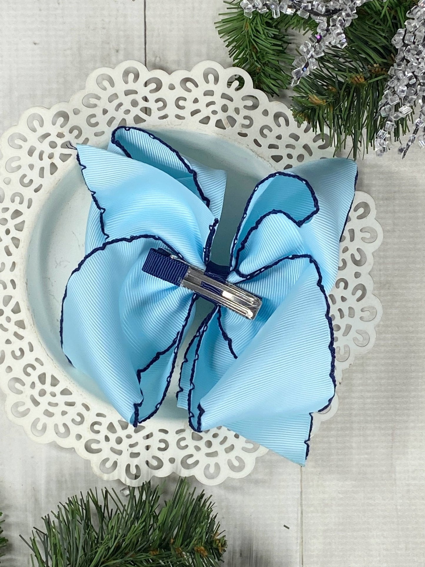 Snowflake Embroidered Moonstitch Hair Bow | Clip or Headband
