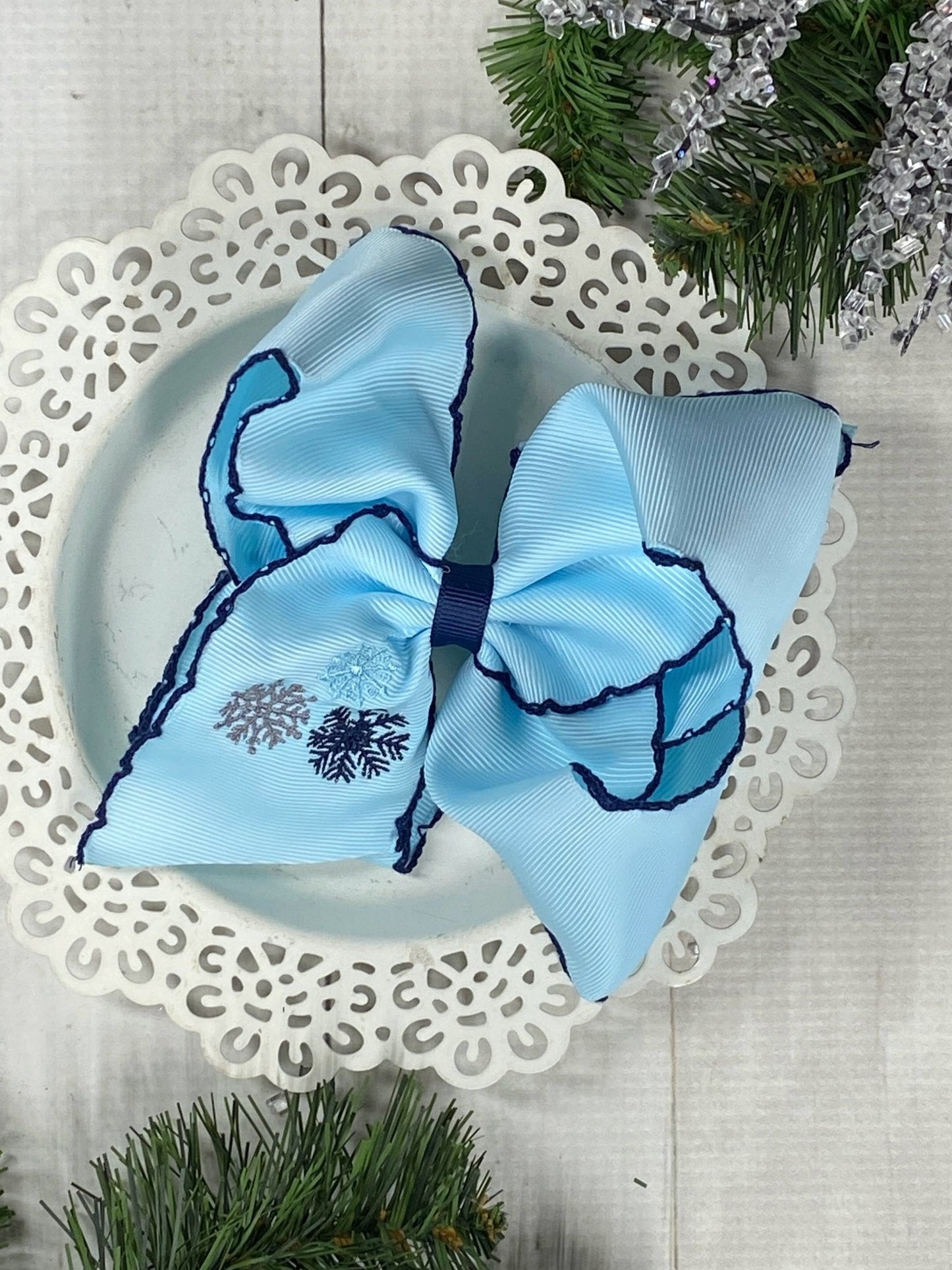 Snowflake Embroidered Moonstitch Hair Bow | Clip or Headband