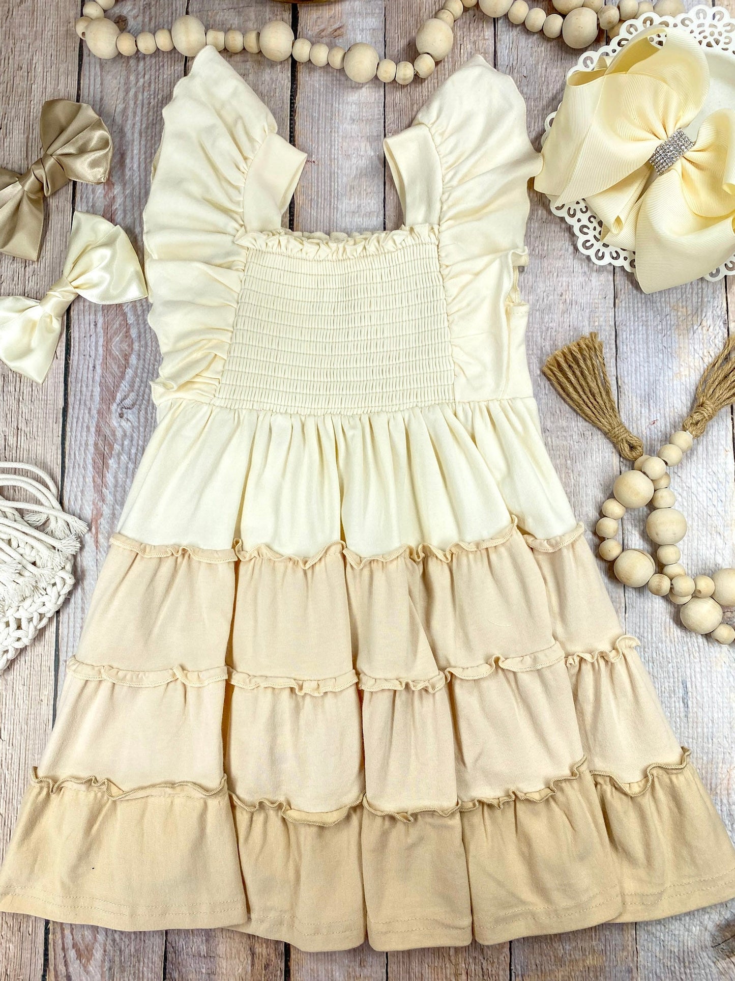Sugar Cookie Tiered Dress | Girls Cream & Neutral Ruffle Twirl Dress