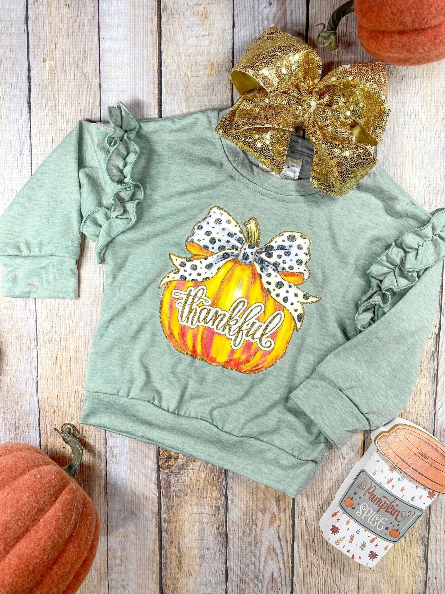 Thankful Pumpkin Green Long Sleeve Thanksgiving Shirt