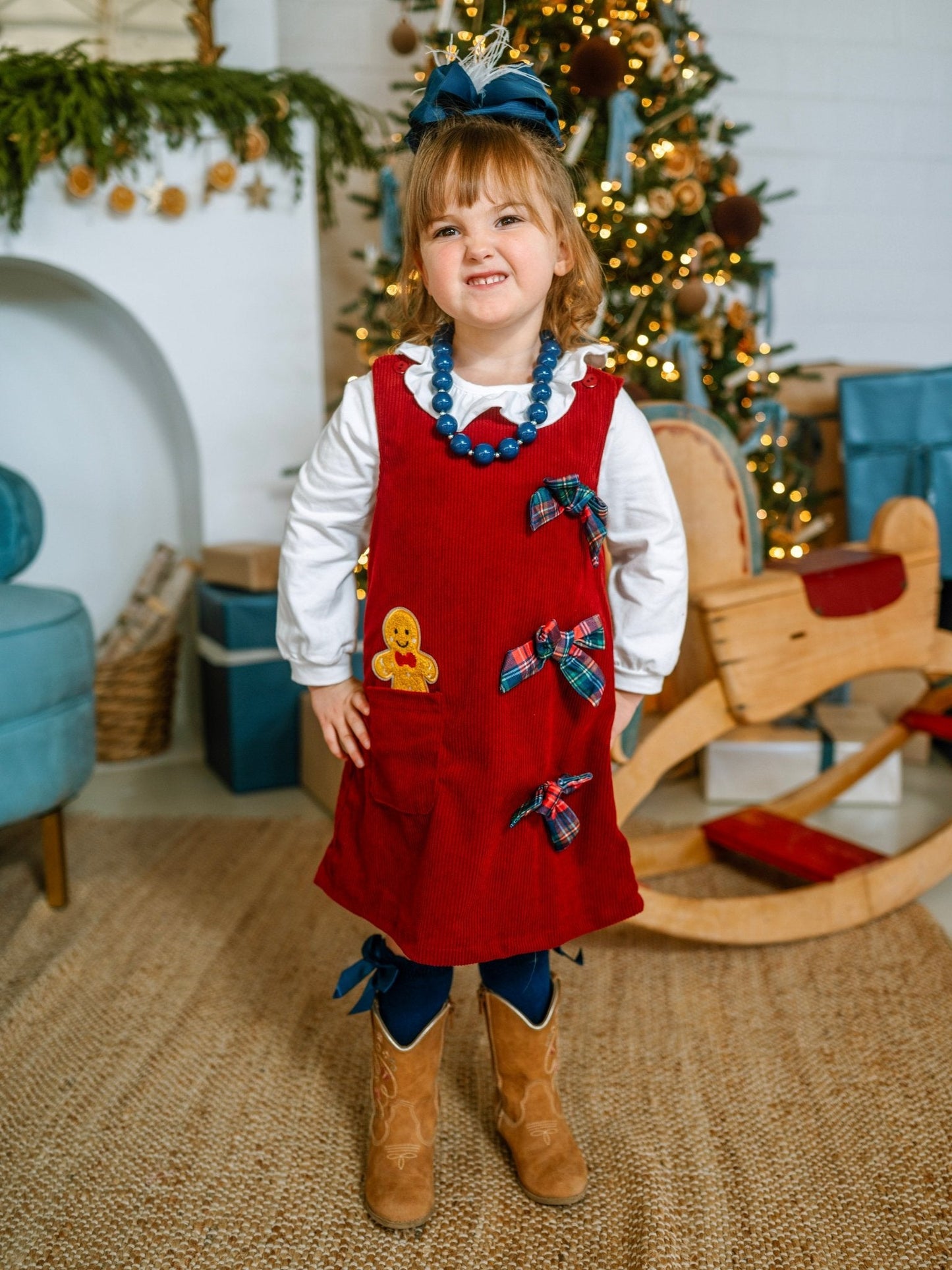 Gingerbread Bow Corduroy Jumper Christmas Dress