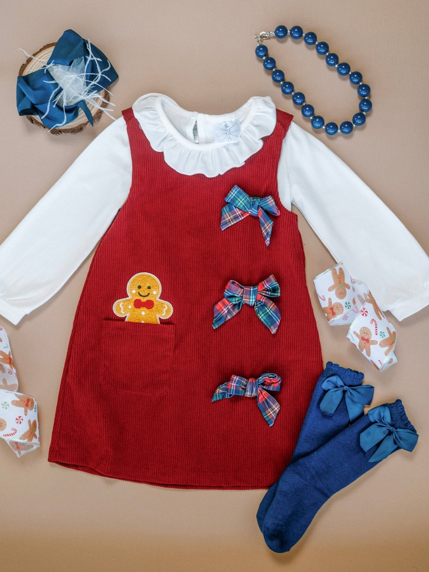 Gingerbread Bow Corduroy Jumper Christmas Dress
