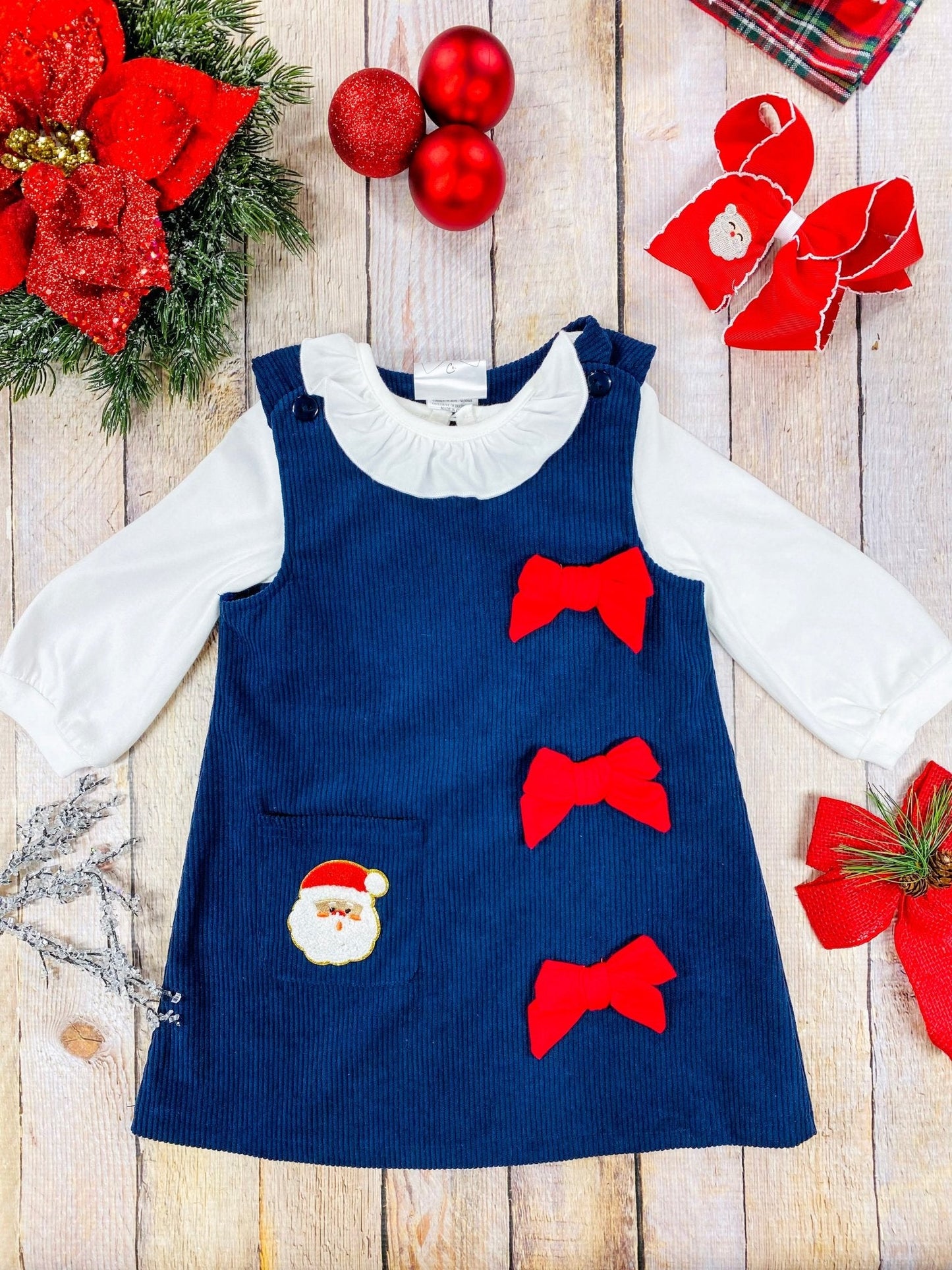 Timeless Santa & Bows Navy Blue Corduroy Dress