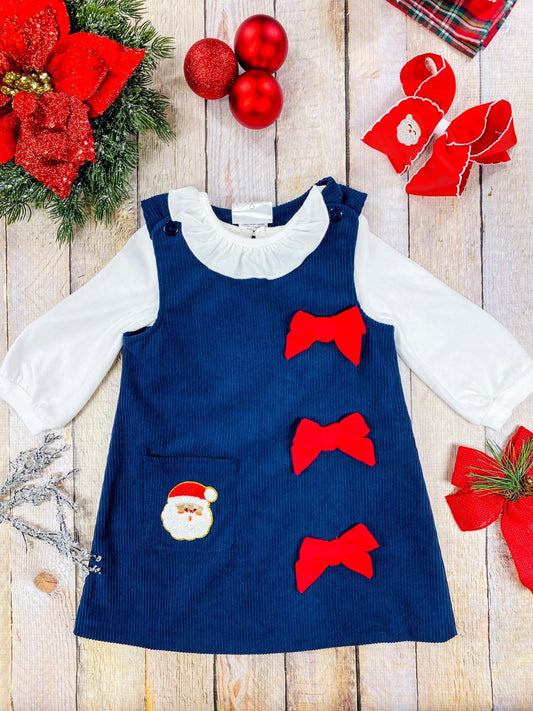 Timeless Santa & Bows Navy Blue Corduroy Dress