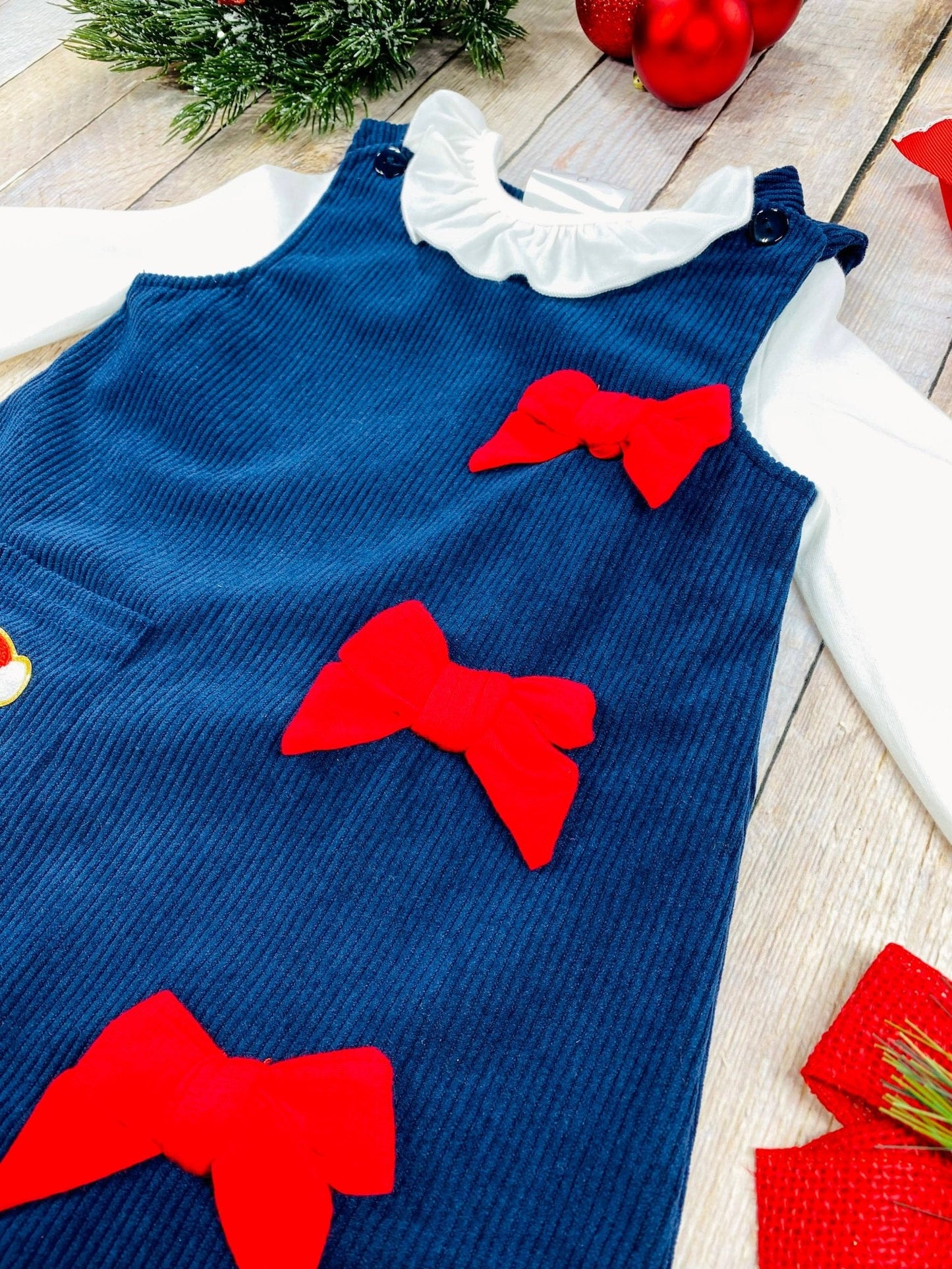 Timeless Santa & Bows Navy Blue Corduroy Dress