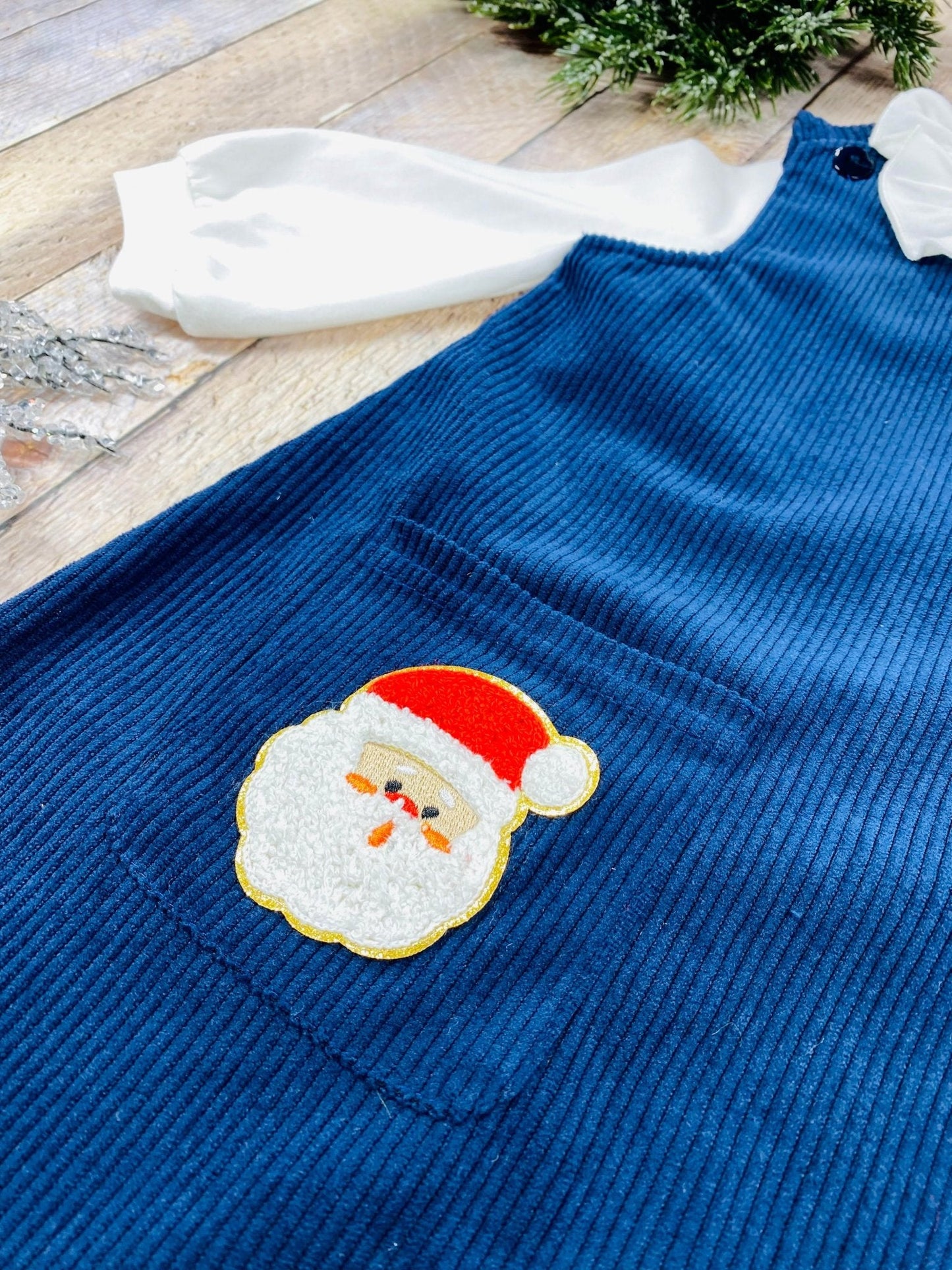 Timeless Santa & Bows Navy Blue Corduroy Dress