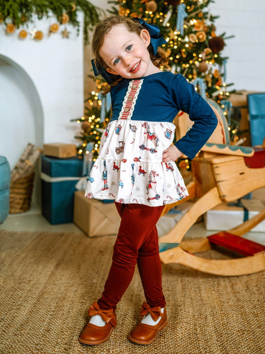 Vintage Christmas Toys Girls Tunic Top and Leggings Set