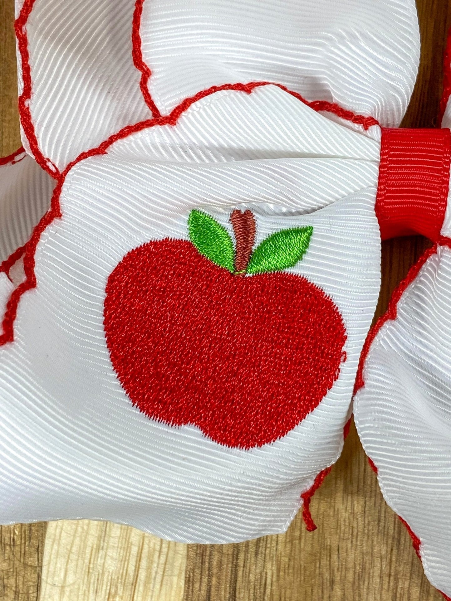 White Apple Embroidered Moonstitch Hair Bow | Clip or Headband