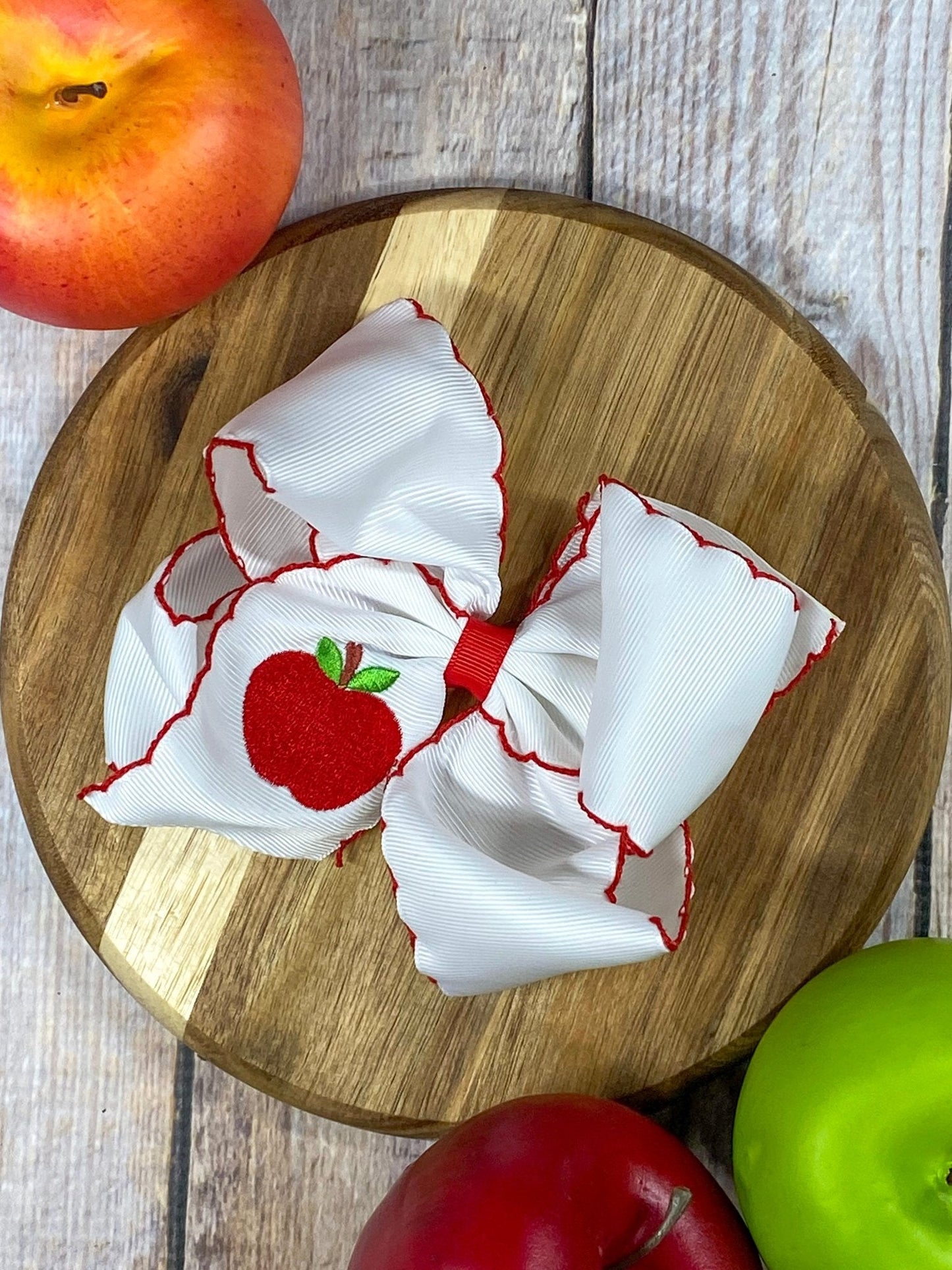White Apple Embroidered Moonstitch Hair Bow | Clip or Headband