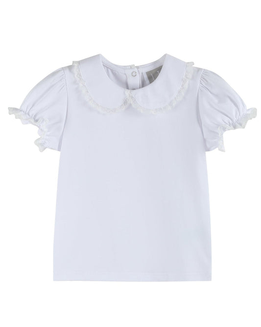 White Lace Collared Girls Short Bubble Sleeve Top